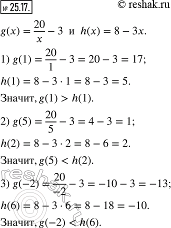  25.17.   g(x)=20/x-3  h(x)=8-3x. :1) g(1)  h(1);  2) g(5)  h(2);  3) g(-2)  h(6).  ...