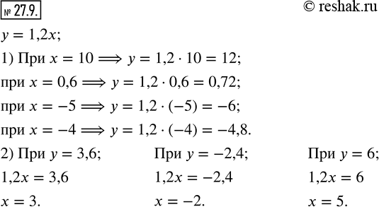  27.9.    y=1,2x. :1)  y,  x=10; 0,6; -5; -4;2)  x,   y=3,6; -2,4;...
