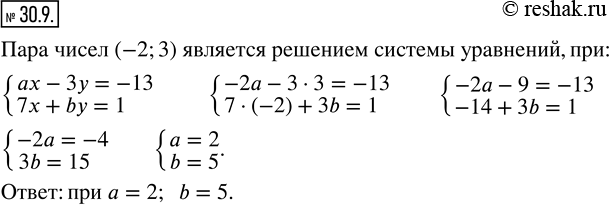  30.9.    a  b   (-2;3)     {(ax-3y=-13; 7x+by=1)? ...