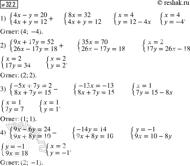  32.2.     :1) {(4x-y=20; 4x+y=12); 2) {(9x+17y=52; 26x-17y=18); 3) {(-5x+7y=2; 8x+7y=15); 4) {(9x-6y=24; 9x+8y=10). ...