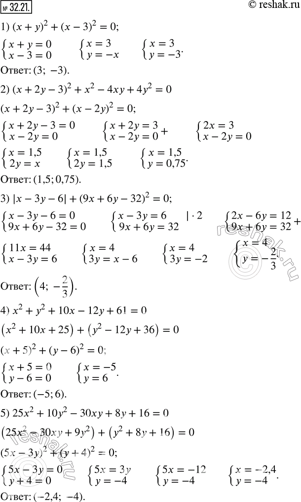  32.21.  :1) (x+y)^2+(x-3)^2=0; 2) (x+2y-3)^2+x^2-4xy+4y^2=0; 3) |x-3y-6|+(9x+6y-32)^2=0; 4) x^2+y^2+10x-12y+61=0; 5) 25x^2+10y^2-30xy+8y+16=0. ...