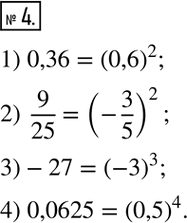 4.    :1) 0,36=(___)^2;    3) -27=(-____)^3; 2) 9/25=(-___)^2;   4)...