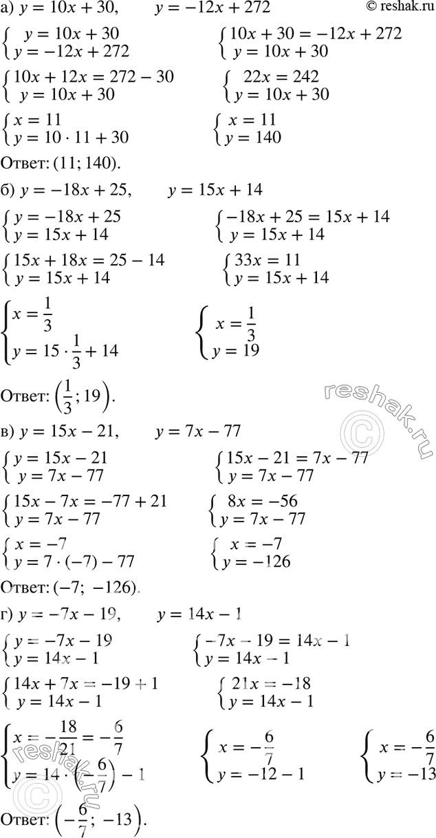Изображение Найдите координаты точки пересечения прямых:а) у = 10х + 30 и у = -12x + 272;б) у = -18x + 25 и у = 15x + 14;в) у = 15х - 21 и у = 7x - 77;г) у = -7х - 19 и у =...