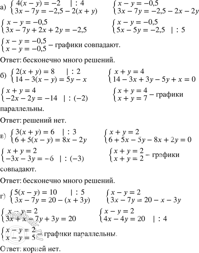 Изображение а) система4(x-y)=-2,3x-7y=-2,5-2(x+y);б) система2(x+y)=8,14-3(x-y)=5y-x;в) система3(x+y)=6,6+5(x-y)=8x-2y;г) система5(x-y)=10,3x-7y=20-(x+3y)....