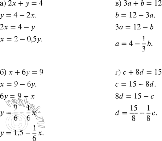 Изображение В заданном уравнении выразите одну переменную через другую:а) 2x + у = 4;	б) x + 6у = 9;	в) 3а + b = 12;г) с + 8d =...