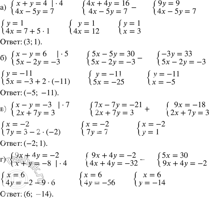 Изображение а) системаx+y=4,4x-5y=7;б) системаx-y=6,5x-2y=-3;в) системаx-y=-3,2x+7y=3;г) система9x+4y=-2,x+y=-8....