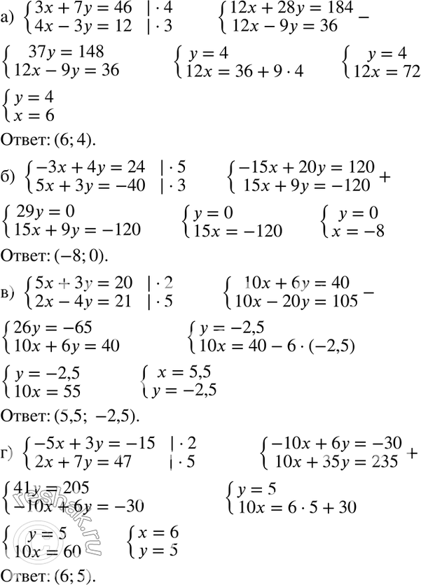 Изображение а) система3x+7y=46,4x-3y=12;б) система-3x+4y=24,5x+3y=-40;в) система5x+3y=-15,2x+7y=47;г) система-5x+3y=-15,2x+7y=47....