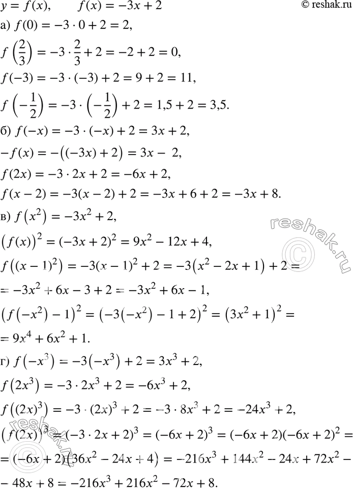     = f(x),  f(x) = -3x + 2. :) f(), f(2/3), f(-3), f(-1/2); ) f(-x), -f(x), f(2x), f(x - 2);) f(x2), (f(x))2, f(( - 1)2), (f(-x2) -...