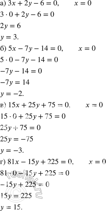 Изображение Для каждого из данных линейных уравнений найдите значение у, соответствующее заданному значению х:а) 3х + 2у - 6 = 0, если х = 0;б) 5х - 7у - 14 = 0, если х = 0;в)...