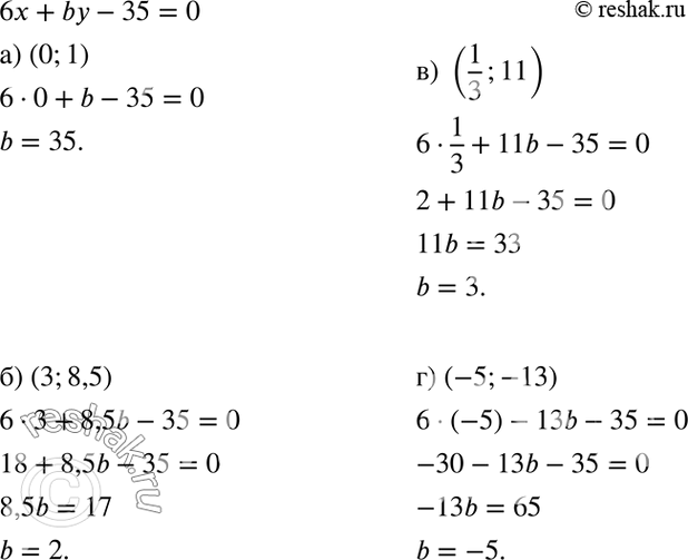 Изображение Найдите значение коэффициента b в уравнении 6х + by - 35 = 0, если известно, что решением уравнения является пара чисел:а) (0; 1);	б) (3; 8,5);	в)(1/3; 11);	г)...
