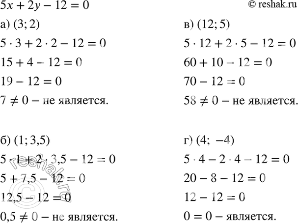 Изображение Является ли решением уравнения 5х + 2у — 12 = 0 пара чисел:а) (3; 2);	б) (1; 3,5);	в) (12; 5);г) (4;...