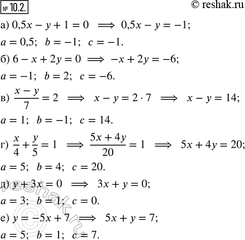 Изображение 10.2. Приведите данное уравнение к виду ах + bу = с и назовите коэффициенты а, b и с:а) 0,5x — у + 1 = 0;   в) (x-y)/7 = 2;     д) у + 3х = 0;б) 6 — х + 2у = 0;    ...