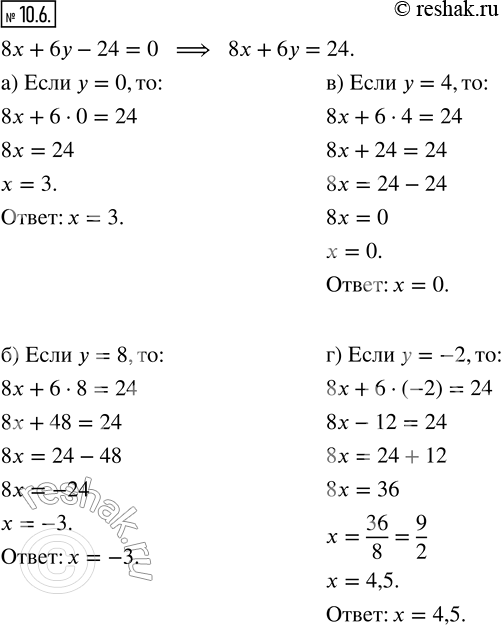 Изображение 10.6. В уравнении 8x + 6y — 24 = 0 найдите значение х, которое соответствует указанному значению у:а) у = 0;   б) у = 8;   в) у = 4;   г) у =...