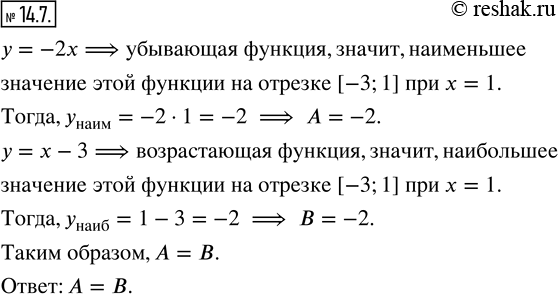 Изображение 14.7. Сравните числа А и В, если А — наименьшее значение линейной функции у = — 2х на отрезке [—3; 1], а В — наибольшее значение линейной функции у = х — 3 на том же...