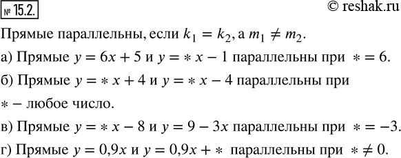 Изображение 15.2. Какое число надо поставить вместо символа *, чтобы прямые были параллельны:а) y = 6х + 5 и у = *x - 1;   в) у = *х — 8 и у = 9 - 3х;б) у = *х + 4 и у = *х — 4;...