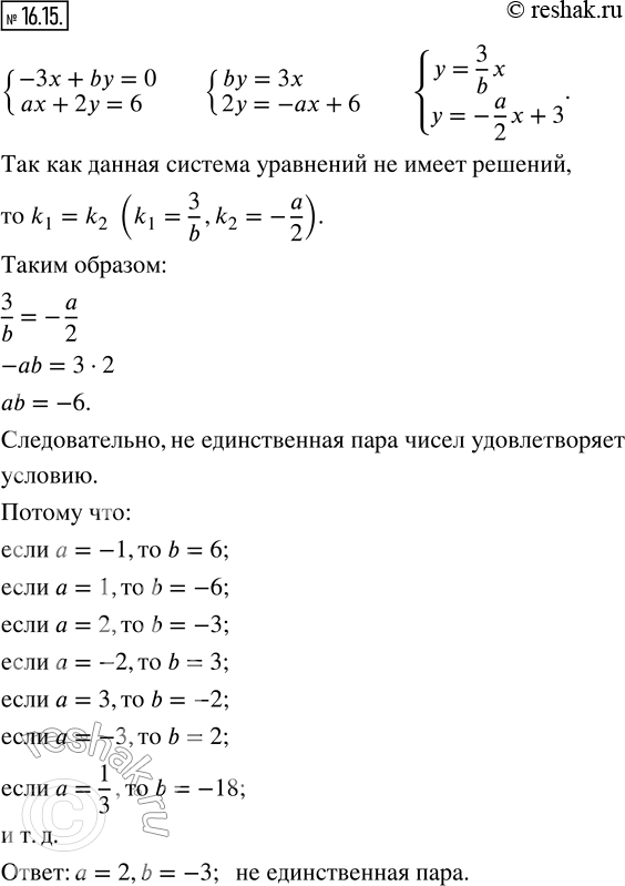 Изображение 16.15. Найдите значения параметров а и b, если известно, что система уравнений {-3x + by = 0;  ах + 2у = 6} не имеет решений. Единственная ли пара чисел а и b...
