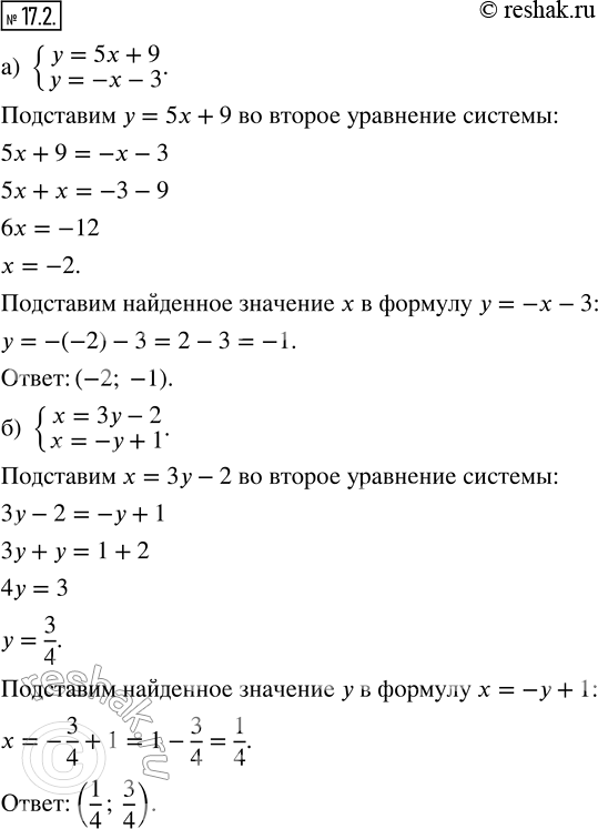 Изображение 17.2. Решите систему уравнений:а) {y = 5x + 9;  y = -x - 3};б) {x = 3y - 2;  x = -y + 1};в) {y = x - 8;  y = -2x + 1};г) {x = -11y - 7;  x = y +...