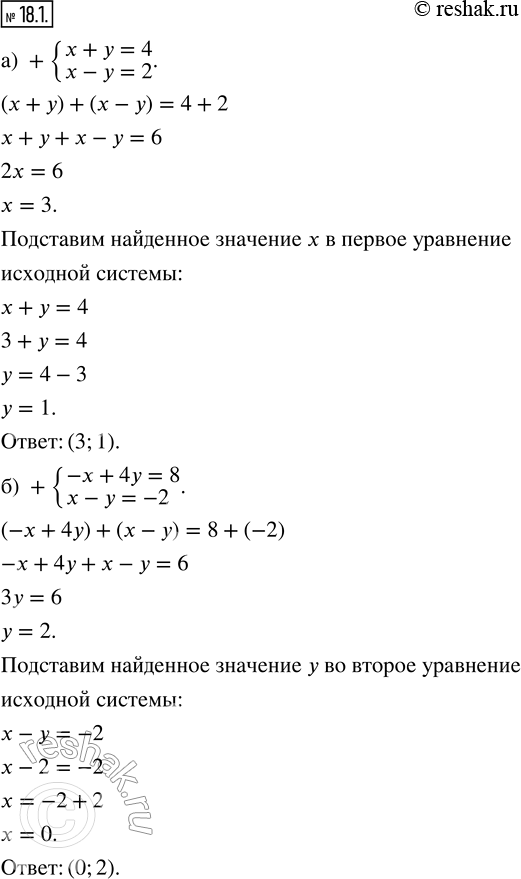 Изображение 18.1. Решите систему уравнений методом алгебраического сложения: а) {x + y = 4; x - y = 2};б) {-x + 4y = 8; x - y = -2};в) {x + 2y = 1; x - 3y = -4};г) {-x + y =...