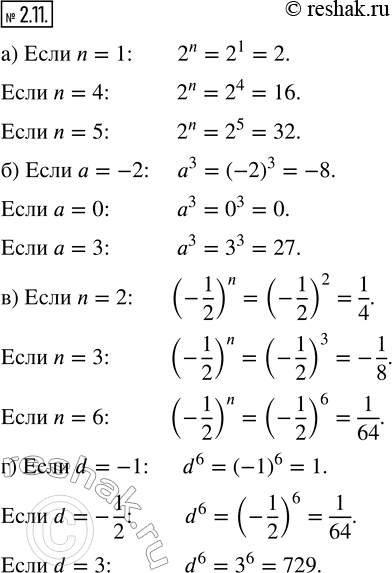 Изображение 2.11. Вычислите:а) 2^n, если n = 1, 4, 5;б) а^3, если а = —2, 0, 3;в) (-1/2)^n, если n = 2, 3, 6;г) d^6, если d = -1, -1/2,...