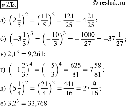 Изображение 2.13. Вычислите.а) (2 1/5)^2; б) (-3 1/3)^3; в) (2,1)^3; г) (-1 2/3)^4; д) (5 1/4)^2; е) (3,2)^3. ...