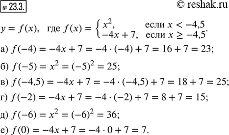  23.3.    = f(x),  f(x) = {x^2,  x < -4,5; -4x + 7,  x ? -4,5}. :) f(-4);   ) f(-4,5);   ) f(-6);) f(-5);   ) f(-2);     )...