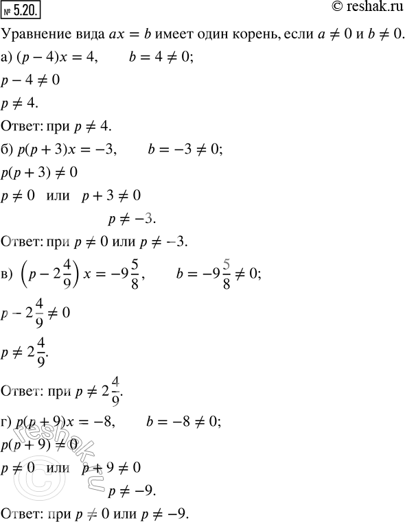 Изображение 5.20. При каких значениях параметра р уравнение имеет один корень:а) (р - 4)x = 4;     в) (p - 2 4/9)x = -9 5/8;б) р(р + 3)x = -3;   г) p(p + 9)x =...