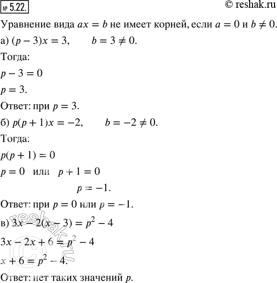 Изображение 5.22. При каких значениях параметра р уравнение не имеет корней:а) (р - 3)х = 3;б) р(р + 1)x = -2;в) 3x — 2(х — 3) = р^2 — 4;г) (p + 4 3/7)x = 8 5/12;д) р(р -...