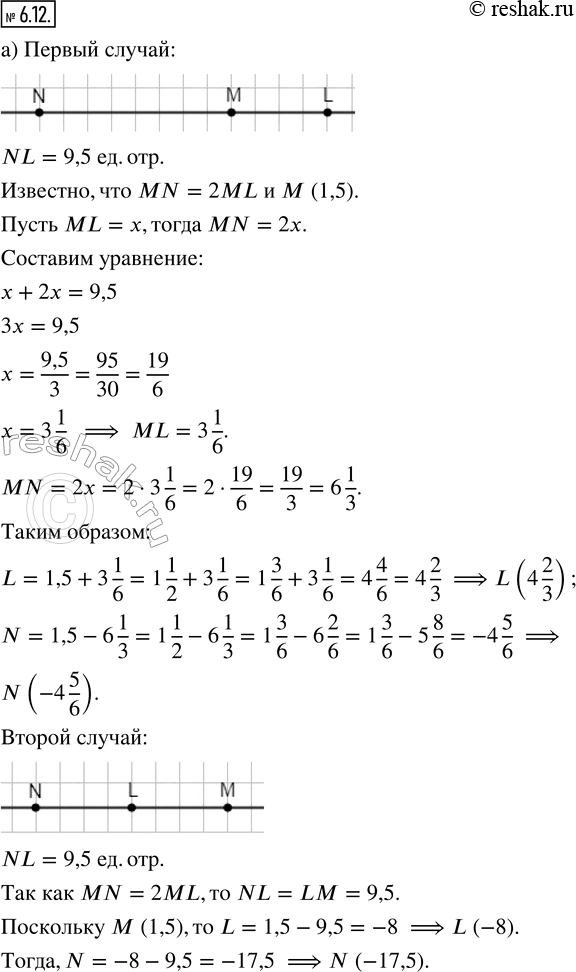 Изображение 6.12. а) Расстояние между точками N и L равно 9,5 единичных отрезка. Найдите координаты точек L и N, если MN = 2ML и М(1,5).б) Расстояние между точками Р и М равно 8...