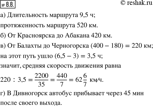 Изображение 8.8. На рисунке 30 представлен график движения автобуса по маршруту Красноярск — Саяногорск. Пользуясь графиком, ответьте на вопросы.а) Какова длительность и...