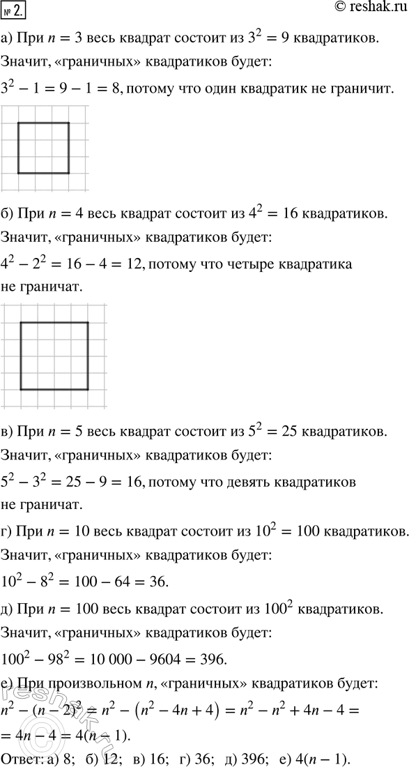 Изображение 2. Найдите число «граничных» квадратиков при:а) n = 3;   в) n = 5;    д) n = 100;б) n = 4;   г) n = 10;   е) произвольном...