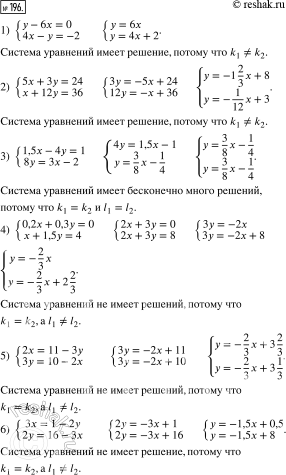  196.     :1) {y - 6x = 0,  4x - y = -2};2) {5x + 3y = 24,  x + 12y = 36}; 3) {1,5x - 4y = 1,  8y = 3x - 2}; 4) {0,2x + 0,3y = 0,  x...