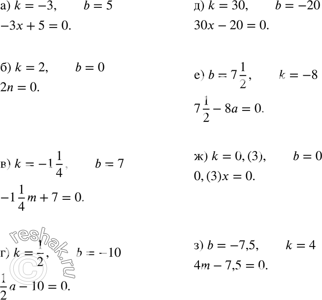  637.      	  x, :		a) k = -3, b = 5;	) k = 2, b = 0;	) k=-1*1/4, b= 7;	) k = 1/2, b = -10;	) k = 30, b...
