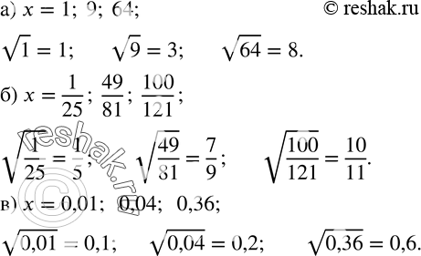  228.    vx    :) x=1; 9; 64; ) x=1/25;  49/81;  100/121; ) x=0,01;  0,04;  0,36....