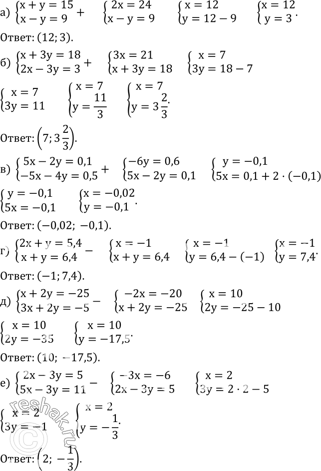  636.   :) {(x+y=15     x-y=9 ) {(x+3y=18    2x-3y=3  ) {(5x-2y=0,1     -5x-4y=0,5 ) {(2x+y=5,4    x+y=6,4  ) {(x+2y=-25   ...