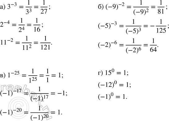 ����������� ���������:�) 3^(-3);2^(-4);?11?^(-2); �) (-9)^(-2);(-5)^(-3);(-2)^(-6); �) 1^(-25);(-1)^(-17);(-1)^(-20); �) ?15?^0;(-12)^0;(-1)^0....