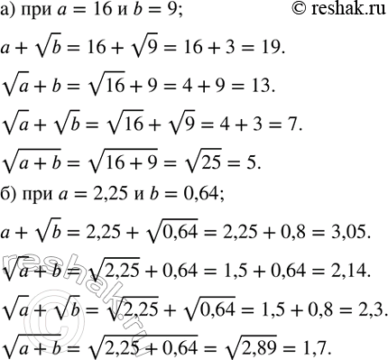 ����������� ������� �������� ������� �� ���������a+vb;      va+b;     va+vb;      v(a+b):�) ��� a=16 � b=9;      �) ��� a=2,25 � b=0,64....