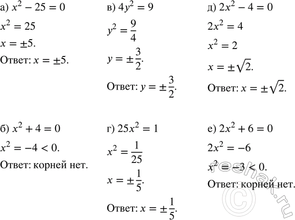 ����������� ������ ���������:�) x^2-25=0; �) x^2+4=0; �) 4y^2=9; �) 25x^2=1; �) 2x^2-4=0; �) 2x^2+6=0. ...