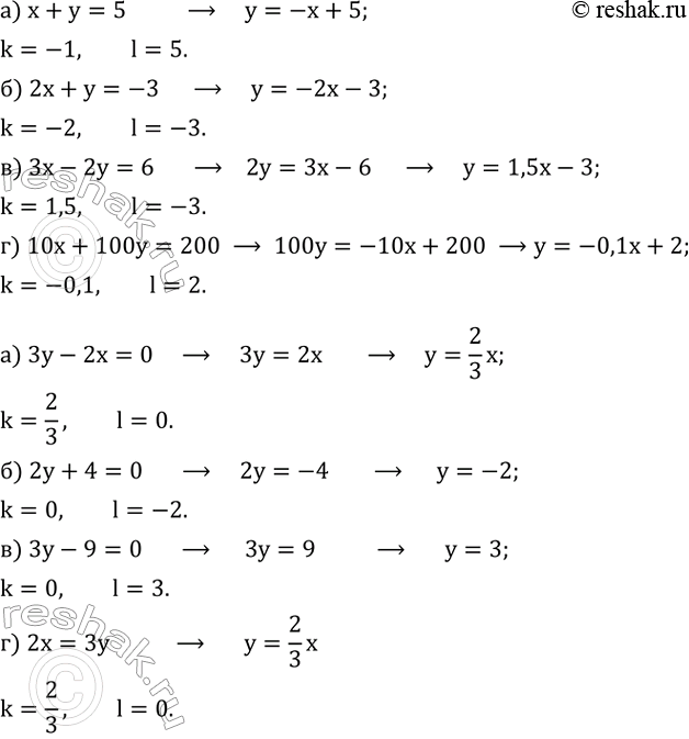 ����������� �������� ��������� ������ � ���� y=kx+l � �������� ������������ k � l:�) x+y=5; �) 2x+y=-3; �) 3x-2y=6; �) 10x+100y=200. �������� ��������� ������ � ����...