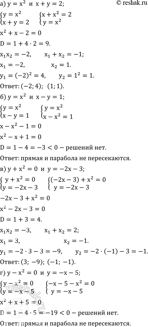 ����������� ������������ �� �������� � ������? ���� ��, ������� ���������� ����� �����������:�) y=x^2   �  x+y=2; �) y=x^2   �  x-y=1; �) y+x^2=0  �  y=-2x-3; �) y-x^2=0  � ...