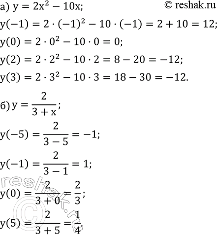 ����������� y=2x^2-10x ��� �������� ���������, ������� -1; 0; 2; 3;y=2/(3+x) ��� �������� ���������, ������� -5; -1; 0;...