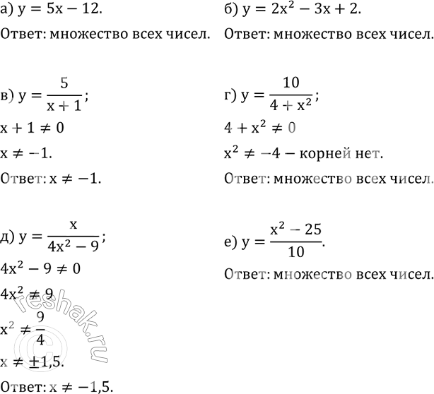 ����������� ������� ������� ����������� �������, �������� ��������:�) y=5x-12; �) y=2x^2-3x+2; �) y=5/(x+1); �) y=10/(4+x^2 ); �) y=x/(4x^2-9); �) y=(x^2-25)/10....
