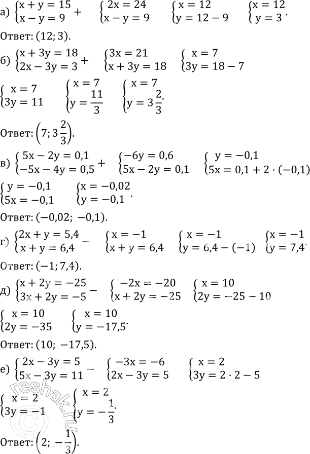 ����������� ������ ������� ���������:�) {(x+y=15     x-y=9 �) {(x+3y=18    2x-3y=3  �) {(5x-2y=0,1     -5x-4y=0,5 �) {(2x+y=5,4    x+y=6,4  �) {(x+2y=-25   ...