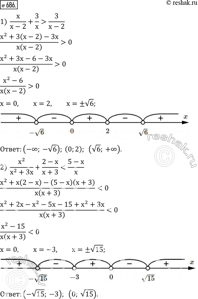  686.    :1)  x/(x-2)+3/x>3/(x-2); 2)  x^2/(x^2+3x)+(2-x)/(x+3)0. ...