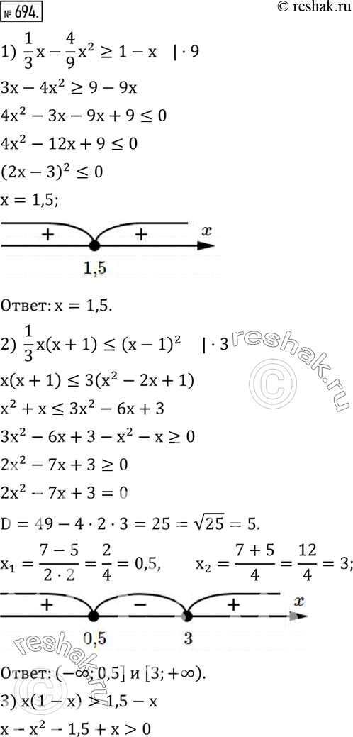  694.  :1)  1/3 x-4/9 x^2?1-x; 2)  1/3 x(x+1)?(x-1)^2; 3) x(1-x)>1,5-x; 4)  1/3 x-4/9?x(x-1); 5) x(x/4-1)?x^2+x+1; 6) 2x-2,5>x(x-1). ...