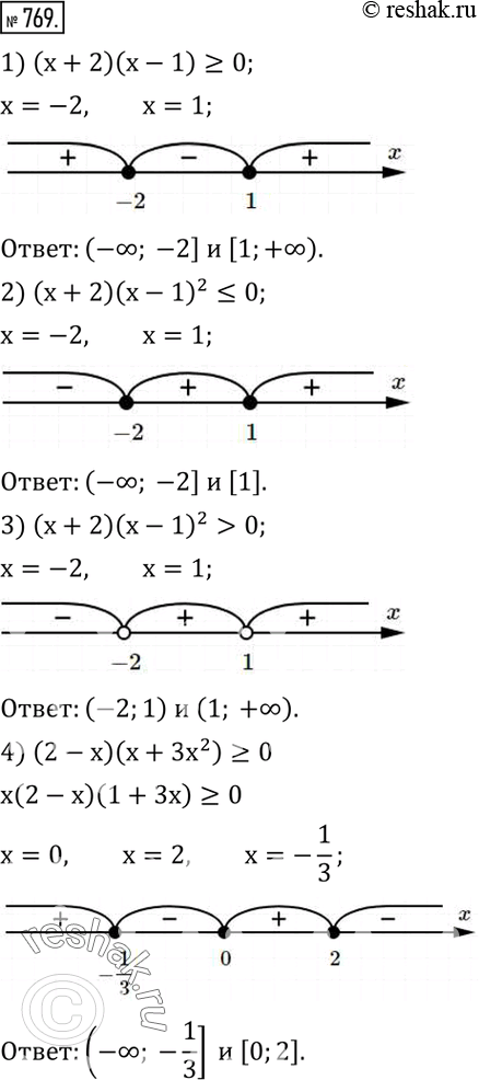  769.    :1) (x+2)(x-1)?0; 2) (x+2) (x-1)^2?0; 3) (x+2) (x-1)^2>0; 4) (2-x)(x+3x^2 )?0.  ...