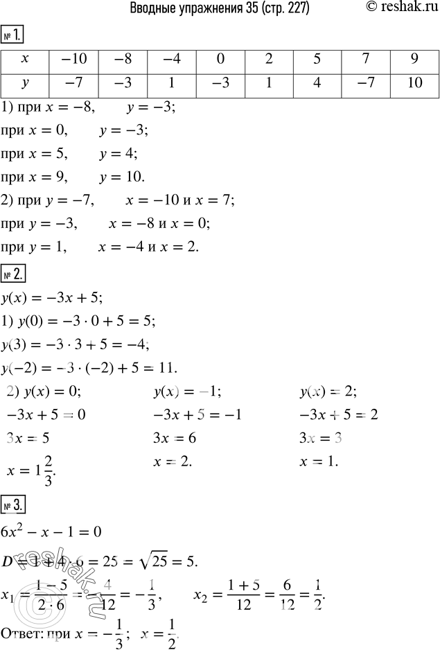 1.   .1)   y,  x  -8; 0; 5; 9;2)   x,  y  -7; -3; 1.2.    y(x)=-3x+5. ...