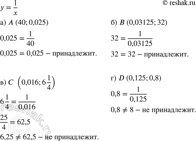 Изображение Принадлежит ли графику функции у = 1/x точка:  а) А (40; 0,025);	  б) B (0,03125; 32);	  в) C (0,016; 6*1/4);  г) D (0,125;...