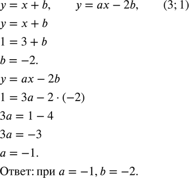 Изображение При каких значениях а и b графики функций у = х + b и у = ах - 2b пересекаются в точке (3;...