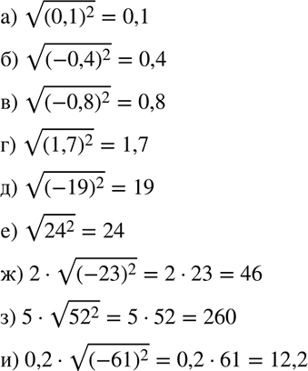 Изображение Вычислите:  а) корень (0Д)2;	  б) корень (-0,4)2;   в) корень (-0,8)2; 	  г) корень (1,7)2;  д) корень (-19)2;  е)...