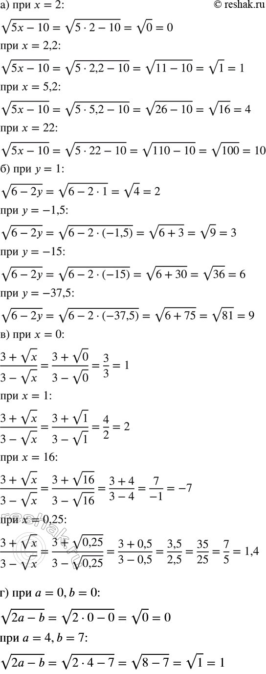 Изображение Найдите значение выражения:  а) корень (5х - 10) при х = 2; 2,2; 5,2; 22;  б) корень (6 - 2у) при у = 1; -1,5; -15;...